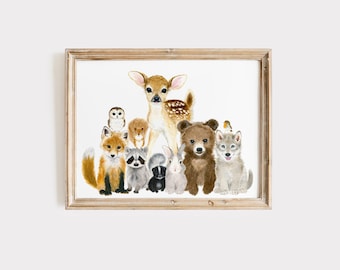 Lámina infantil con animales del bosque, decoración panorámica en acuarela.