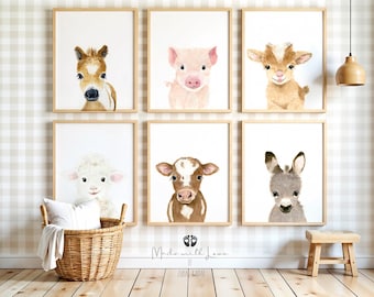 Farm Animal Watercolor Art Prints, Neutral Nursery Decor