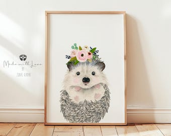 Hedgehog watercolor nursery art,  Hedgehog Print, Floral Girl Nursery Wall Art, Flower Crown Hedgehog, Woodland Baby Shower Girl Room Decor