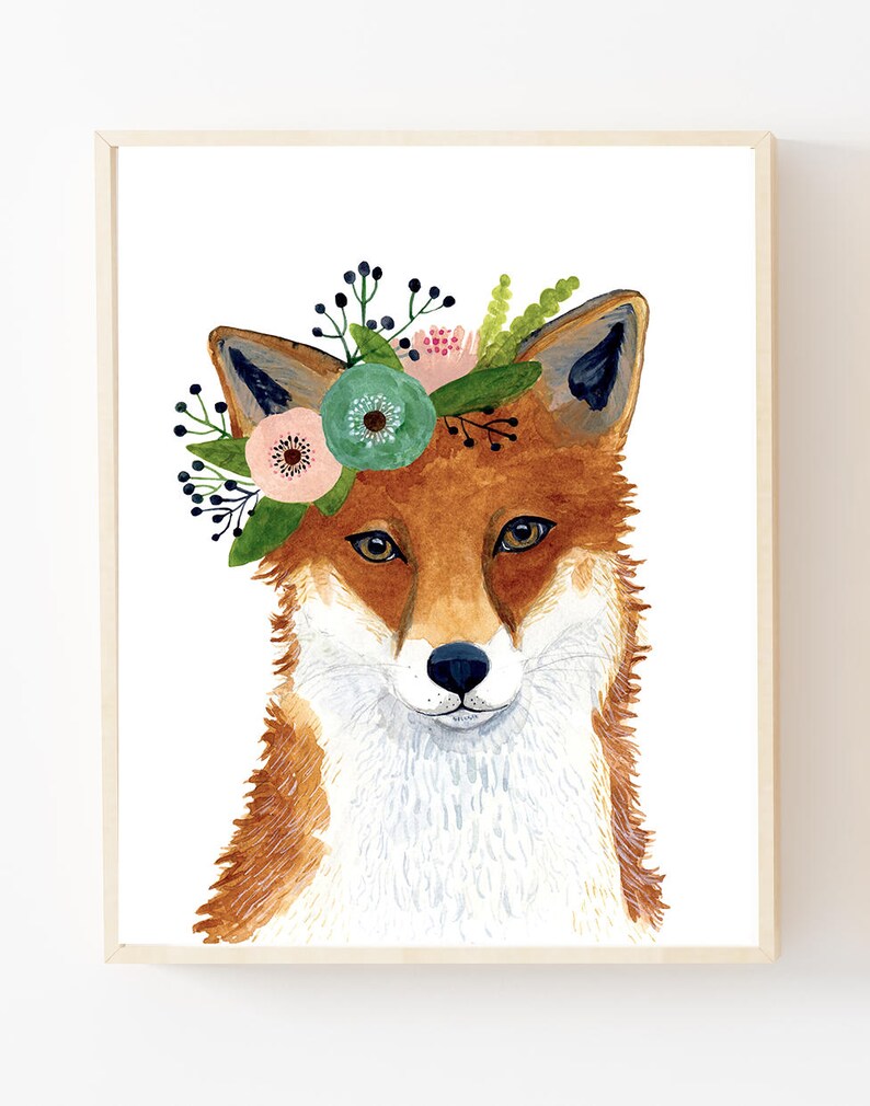 Woodland animals print set, Set of 6 Prints, raccoon, hedgehog, fox, deer, rabbit, bear, floral nursery prints, nursery wall art image 7