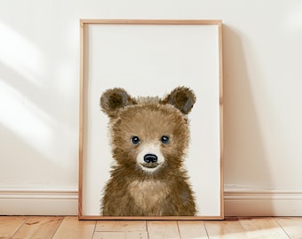 Decoração de parede com urso, estampa de urso para quarto de bebê com tema floresta, decoração para quarto de bebê com tema floresta, arte de parede com urso, pintura de urso, chá de bebê com tema floresta, decoração para quarto infantil
