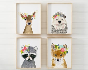 Baby animals print set, Set of 4 Prints, baby girl nursery, woodland nursery set, nursery print set, animal posters, wall art, woodland
