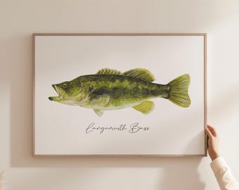 Bass Art Print, Largemouth Bass Print, Fishing Decor, Largemouth Watercolor Bass Art Print, Fishing Art Print Gift, Lake house Wall Decor