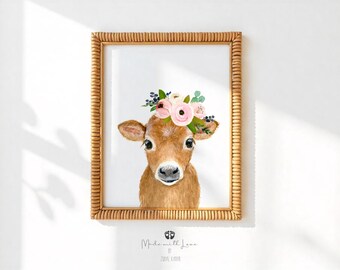 Cow painting nursery print cow decor Flower crowned brown calf farm nursery decor nursery prints, nursery animal print farmhouse decor
