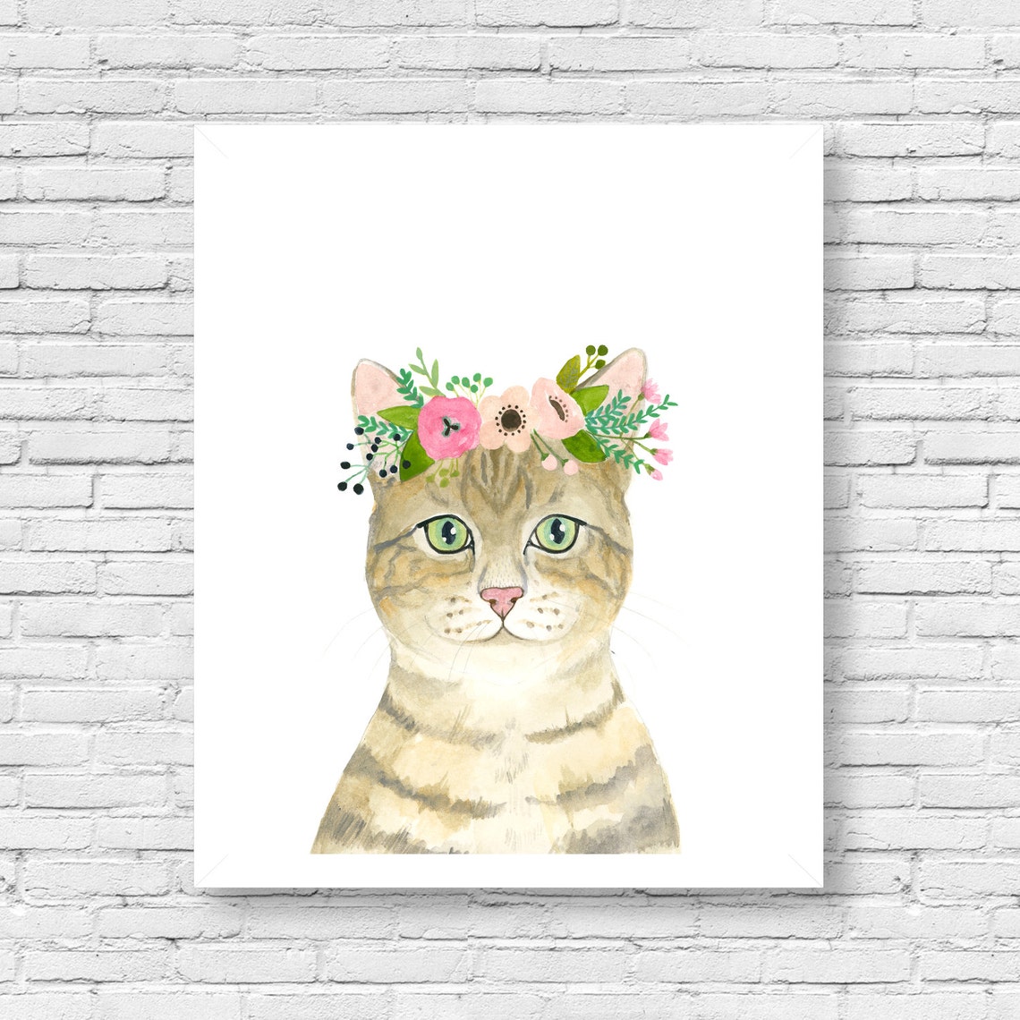Watercolor orange tabby cat flower crown cat Animal Etsy