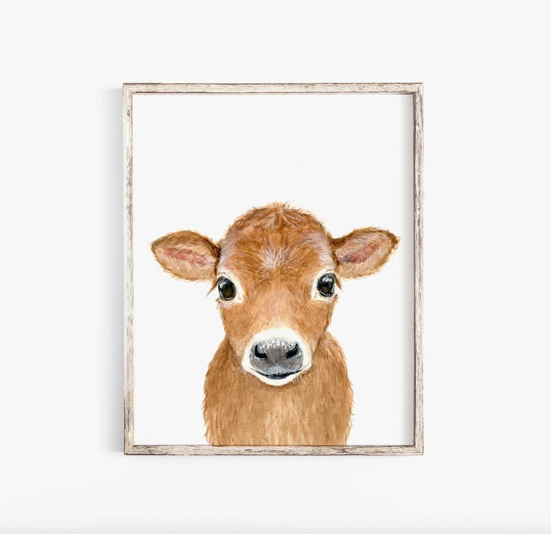 May include: A watercolor painting of a brown calf with big, curious eyes. The calf is looking directly at the viewer with its head tilted slightly to the side. The background is white.