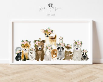 May include: A watercolor illustration of a group of woodland animals wearing flower crowns. The animals include a deer, a bear, a fox, a rabbit, a raccoon, a wolf, a hedgehog, a skunk, a guinea pig, and an owl. The illustration is on a white background.