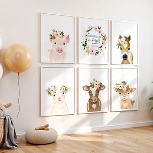 May include: Set of six framed prints featuring watercolor illustrations of farm animals wearing flower crowns. The prints include a pig, a cow, a sheep, a horse, and two goats. The text "I am fearfully and wonderfully made" is featured on one of the prints.