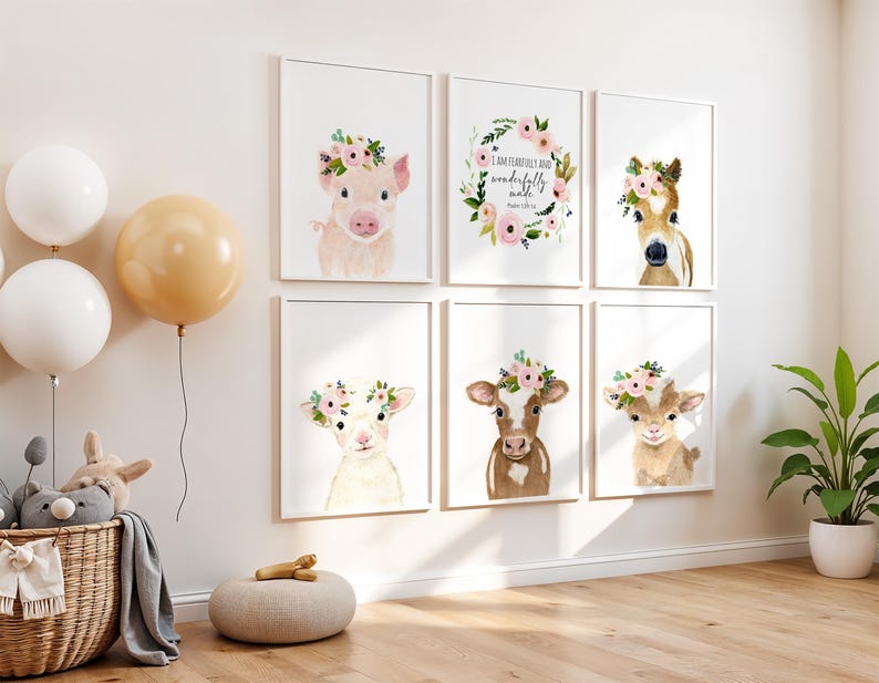 May include: Set of six framed prints featuring watercolor illustrations of farm animals wearing flower crowns. The prints include a pig, a cow, a sheep, a horse, and two goats. The text "I am fearfully and wonderfully made" is featured on one of the prints.