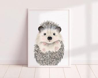 May include: A watercolor painting of a hedgehog with a light gray and brown body and a pink nose. The hedgehog is looking directly at the viewer with its eyes closed.