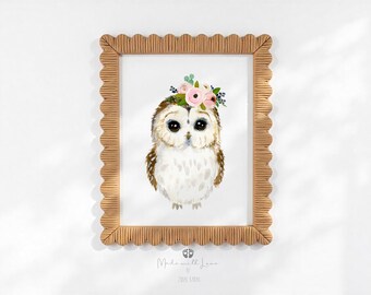 水彩のフクロウの絵画、森の保育園のアート、フクロウの絵画、花柄の 