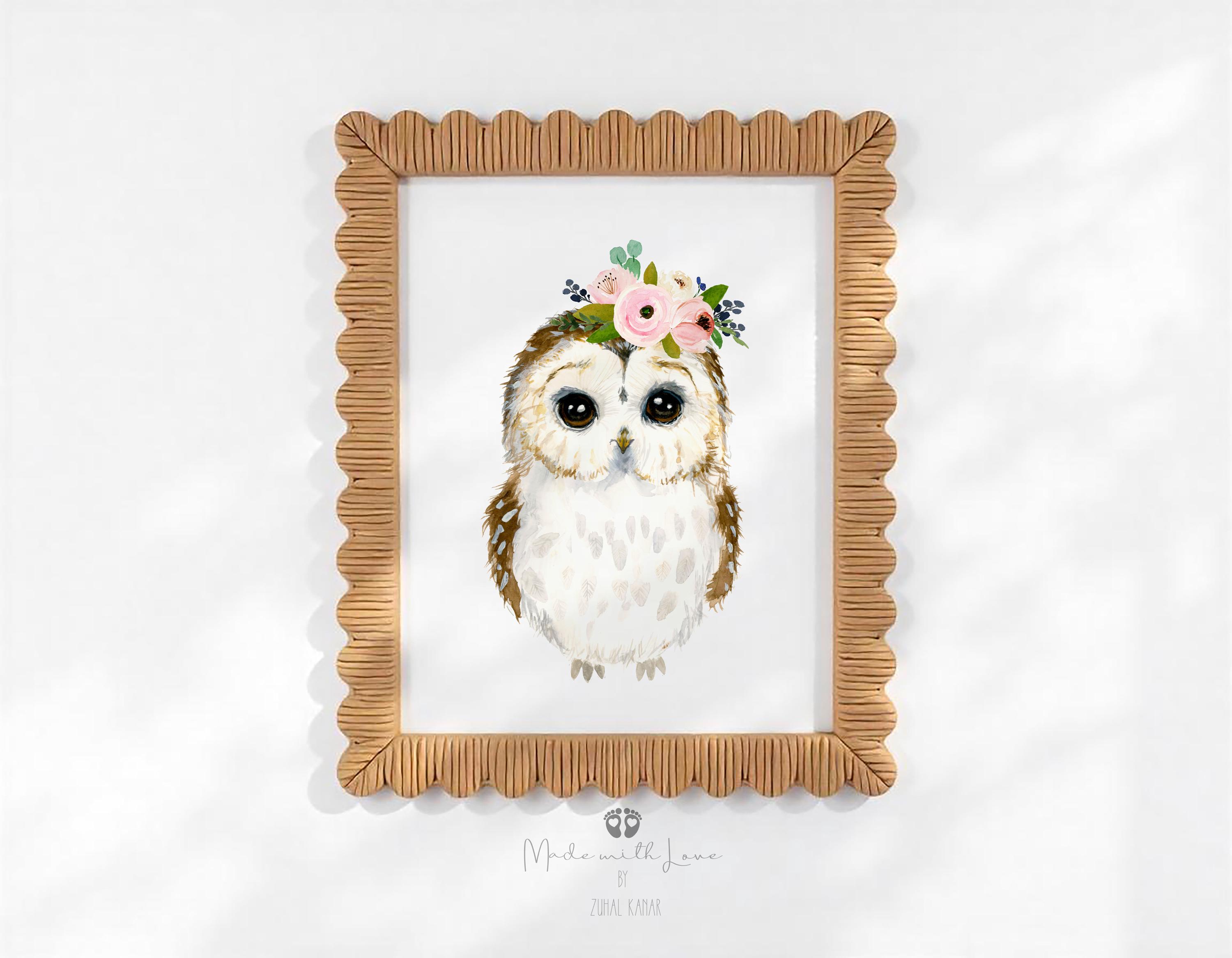 水彩のフクロウの絵画、森の保育園のアート、フクロウの絵画、花柄の