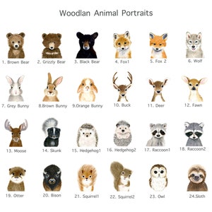 Op de afbeelding: Een set van 24 aquarel illustraties van bosdieren, waaronder een bruine beer, een grizzlybeer, een zwarte beer, een vos, een wolf, een konijn, een hert, een ree, een fawn, een eland, een stinkdier, een egel, een wasbeer, een otter, een bizon, een eekhoorn, een uil en een luiaard. Elk dier is afgebeeld in een schattige en grillige stijl.