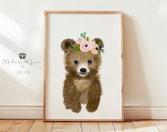 Bear Nursery Print, Baby Brown Bear with Flowers, Watercolor Woodland Art