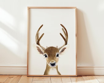 Impression aquarelle de cerf, art animalier de pépinière des bois