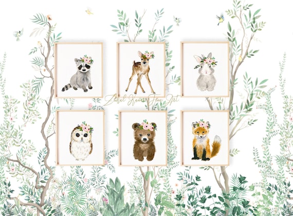 Woodland Nursery Decor, Nursery Prints, Nursery Wall art Fox, bear, bunny, deer, Woodland Animal Print, Flower crown animals, Forest Nursery