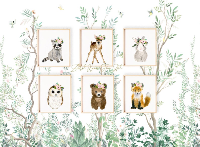 May include: Set of six watercolor animal prints featuring a raccoon, deer, rabbit, owl, bear, and fox. Each animal is wearing a floral crown and is depicted in a whimsical style. The prints are perfect for a nursery or child's room.