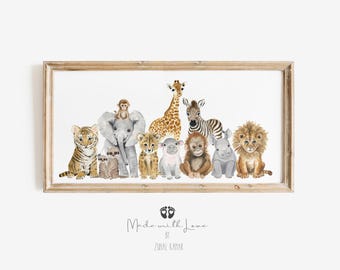 Watercolor Safari Animal Nursery Print, Panoramic Baby Room Decor