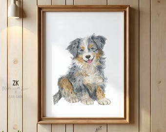 Australian Shepherd Puppy Art Aussie Wall Art Nursery Aussie Print, Dog Wall Art, Cute Animal Poster Pet  Puppy Nursery Decor Aussie Print