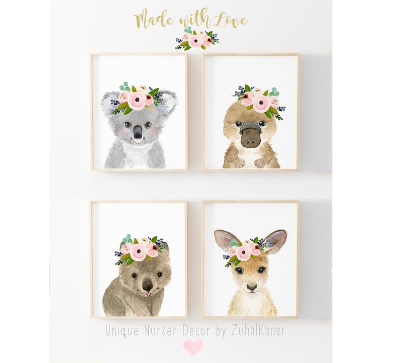 Nursery Prints neutral nursery Australian animals nursery baby shower Nursery animal prints koala wombat kangaroo baby girl nursery