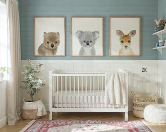 Australische Tiere Prints, 3er Set, Wombat, Koala, Känguru, Kinderzimmer Wandkunst