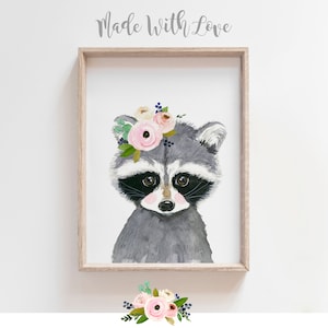 Watercolor raccoon nursery print, Woodland Nursery decor, Nursery Animals, Girl Nursery gift, Kids room wall decor, raccoon painting