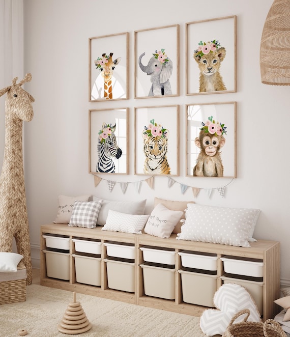 Safari Nursery Decor Girl Nursery Wall Art Safari Nursery Prints  Baby Girl Gift Baby Animal prints Elephant Giraffe floral girl room decor