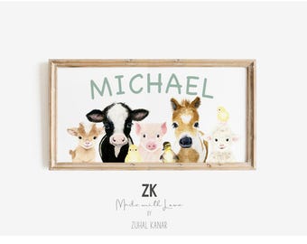 Letrero personalizado con nombres de animales de granja, arte mural de acuarela para guardería, decoración personalizada para la habitación del bebé.