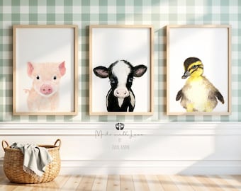 Láminas infantiles de animales de granja, conjunto de arte de acuarela de animales bebés.