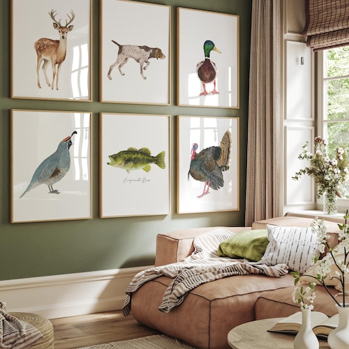 Stampe decorative per la cameretta a tema caccia e pesca: cane, germano reale, tacchino
