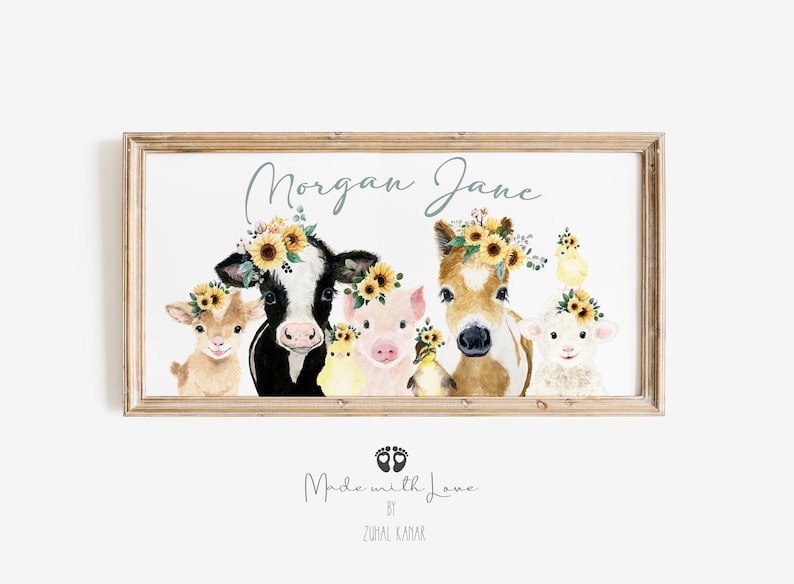 May include: A watercolor print featuring a cow, pig, horse, goat, and lamb wearing flower crowns. The print has the names "Morgan Jane" at the top and "Made with Love by Zuhra Khan" at the bottom.