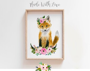 Watercolor fox painting, Animal Paintings, Flower crown fox, Animal Nursery Wall Art, Childrens Wall Decor, Kids posterArt, woodland babies
