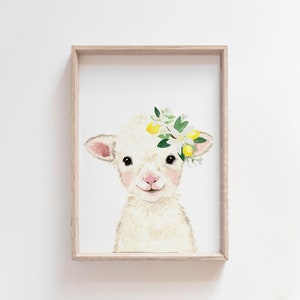 May include: A watercolor painting of a white lamb with a flower crown made of yellow lemons and green leaves. The lamb is looking directly at the viewer with a sweet expression.