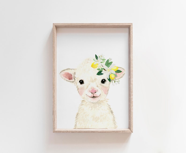 May include: A watercolor painting of a white lamb with a flower crown made of yellow lemons and green leaves. The lamb is looking directly at the viewer with a sweet expression.