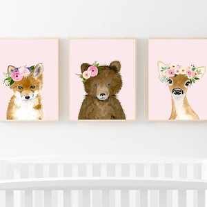 Woodland nursery, custom set, nursery print set of 3, bear, deer, fox, baby woodlands, kids poster baby shower gift petal pink blush nurser