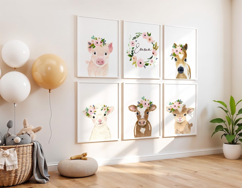 May include: Set of six framed prints featuring watercolor illustrations of farm animals wearing flower crowns. The animals include a pig, a cow, a lamb, a goat, a horse, and a wreath with the name "Emma".