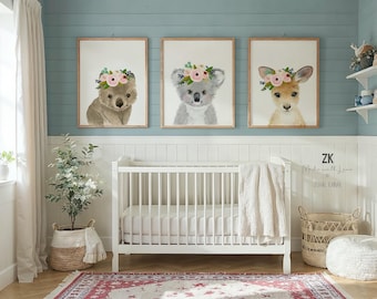 Australian animals nursery print, Aussie animals, koala, kangaroo, wombat, baby girl nursery decor, Nursery animal prints, baby shower gift