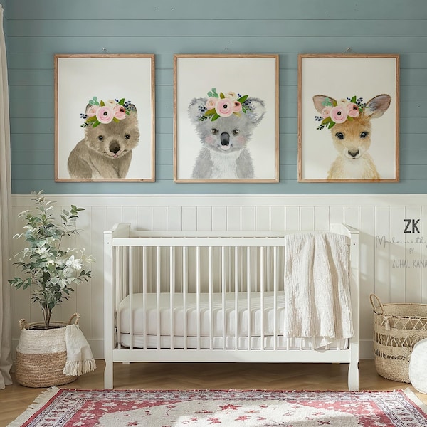 Australische dieren kinderkamer print, Australische dieren, koala, kangoeroe, wombat, inrichting babymeisje, kinderkamer prints, babyshower cadeau