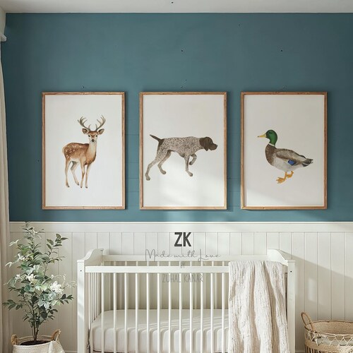 Stampe artistiche ad acquerello a tema caccia per la cameretta dei bambini: cervo, pesce, tacchino, decorazioni per la stanza dei ragazzi.