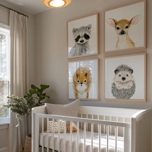 Op de afbeelding: Een wit wiegje met een wit matras en een wit dekentje. Er hangen vier ingelijste dierenprints aan de muur achter de wieg. De prints tonen een wasbeer, een hert, een egel en een eekhoorn.