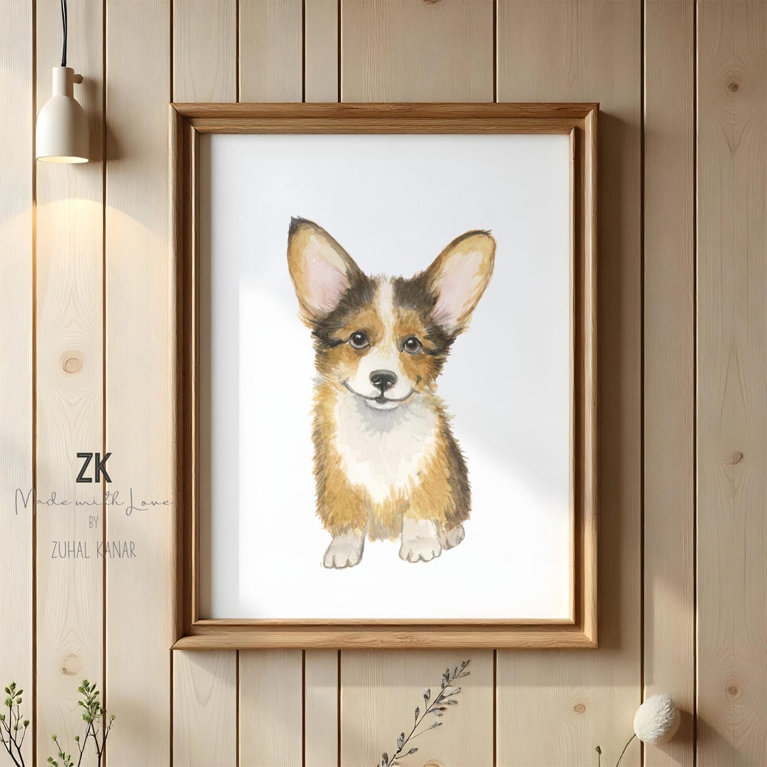 ウェルシュ・コーギーの水彩画アート、ウェルシュ・コーギーの子犬の