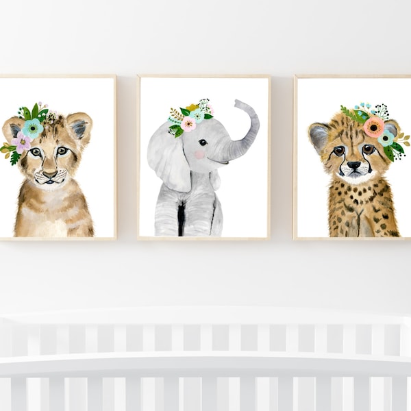 Safari baby kinderdagverblijf set, dierlijke schilderijen, olifant, leeuw, cheetah, aquarel dier, kinderposter, kunst kinderkamer babymeisje, kinderkamer kunst