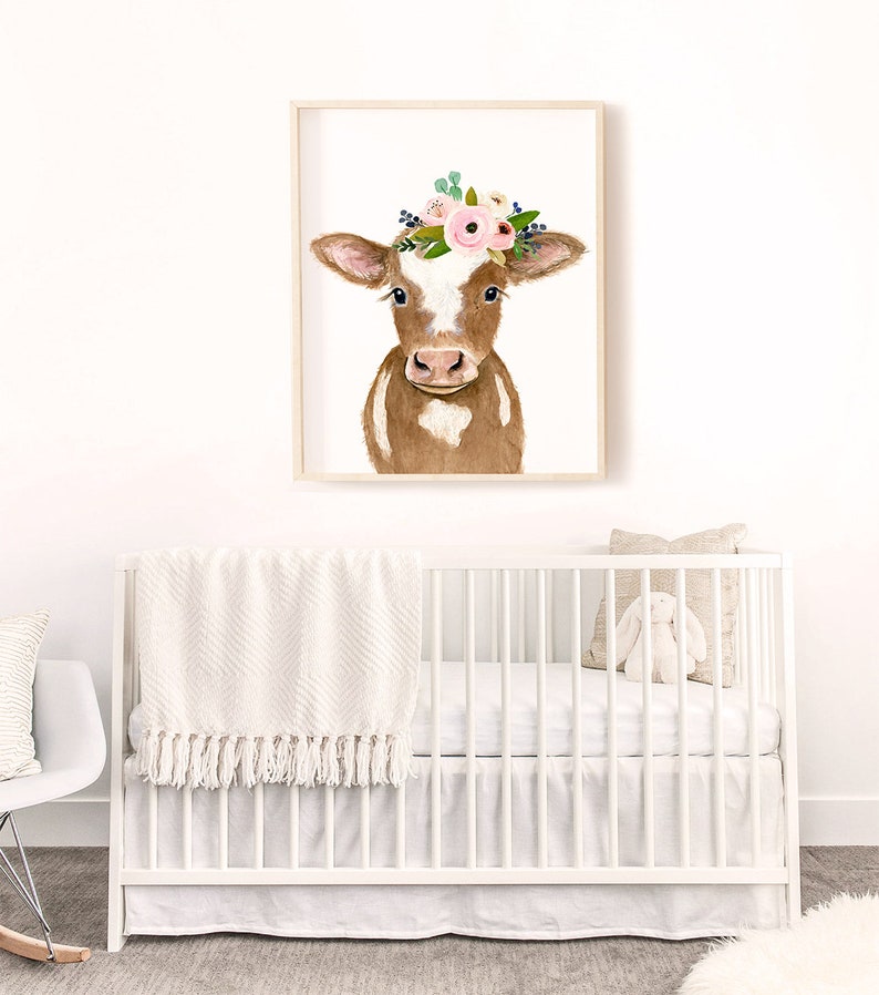 Cow painting nursery print cow decor Flower crowned brown calf Etsy