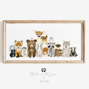 Decoración panorámica para habitación infantil con temática de bosque, láminas para habitación infantil con temática de bosque, arte para habitación infantil con temática de bosque, láminas de animales bebés del bosque, arte mural para habitación infantil, regalo para habitación infantil