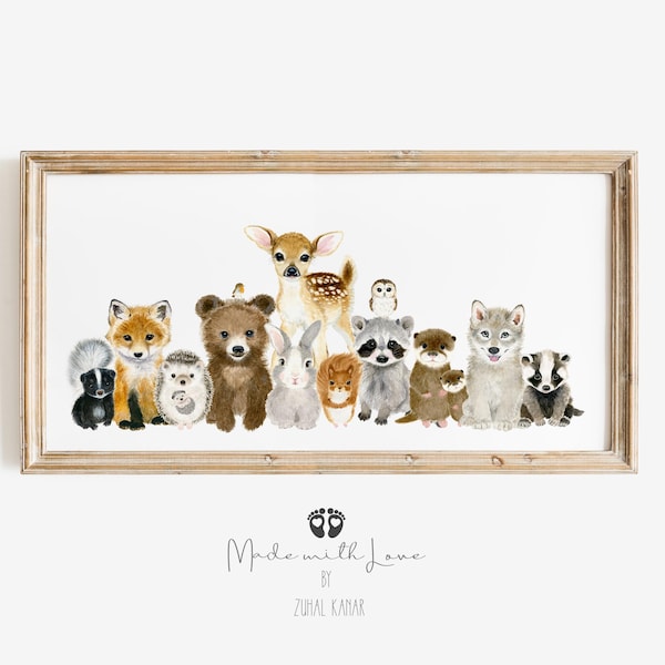 Woodland Baby Animals Watercolor Nursery Print, Panoramic Art