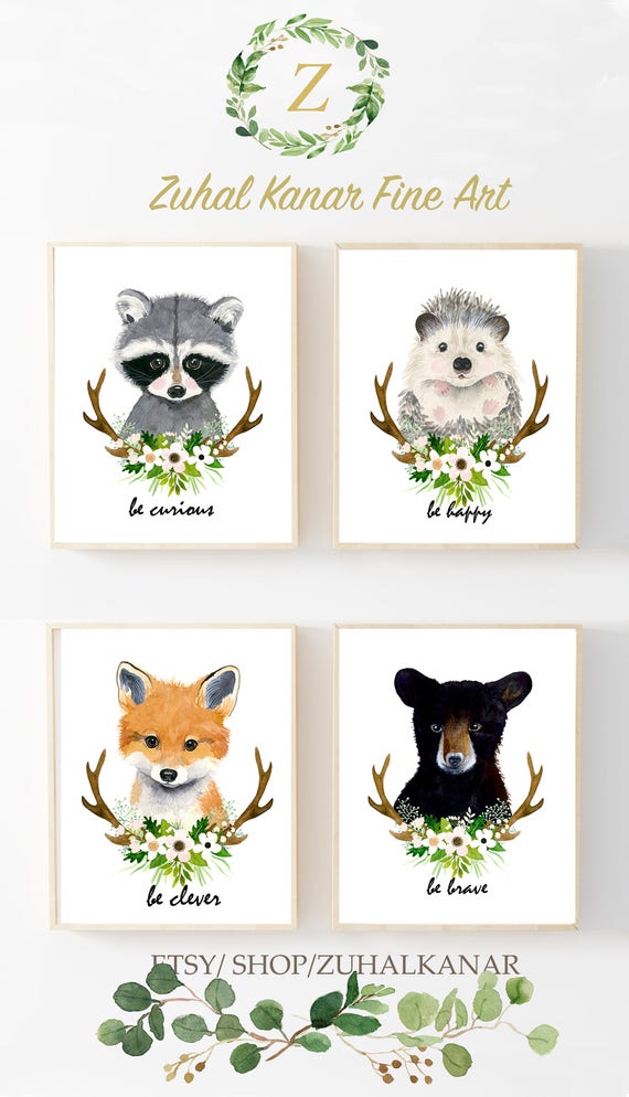 Animaux De La Foret Imprimer Ensemble De 4 Nom Personnalise Etsy