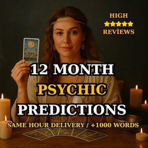 May include: A woman holding a tarot card with a crescent moon design. The image includes text that reads "12 MONTH PSYCHIC PREDICTIONS" and "HIGH REVIEWS". Several lit candles and a bowl are on a wooden table.