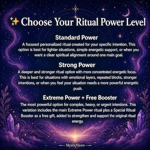 May include: A digital graphic with the text "Choose Your Ritual Power Level." It details three ritual power levels: Standard, Strong, and Extreme Power + Free Booster. The background is a dark blue with stars, crystals, and a crescent moon.