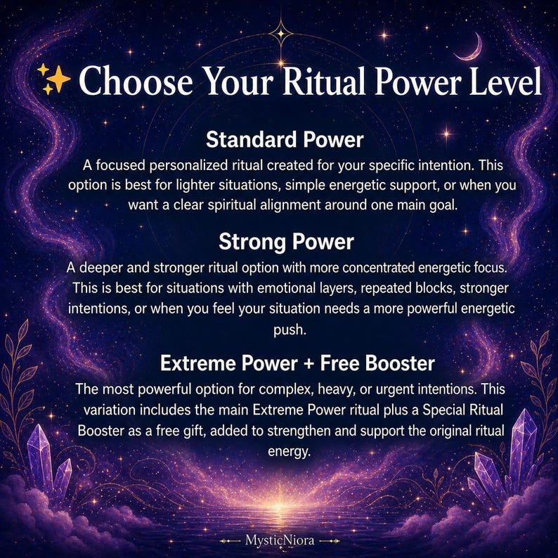 May include: A digital graphic with the text "Choose Your Ritual Power Level." It details three ritual power levels: Standard, Strong, and Extreme Power + Free Booster. The background is a dark blue with stars, crystals, and a crescent moon.