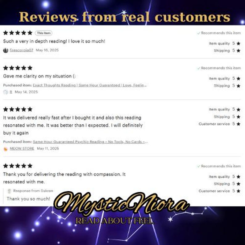May include: Image showcasing customer reviews for Mystic Niora, with a celestial background. The reviews highlight positive experiences, with text such as "Such a very in depth reading! I love it so much!" and "Gave me clarity on my situation". The logo and tagline are also visible.